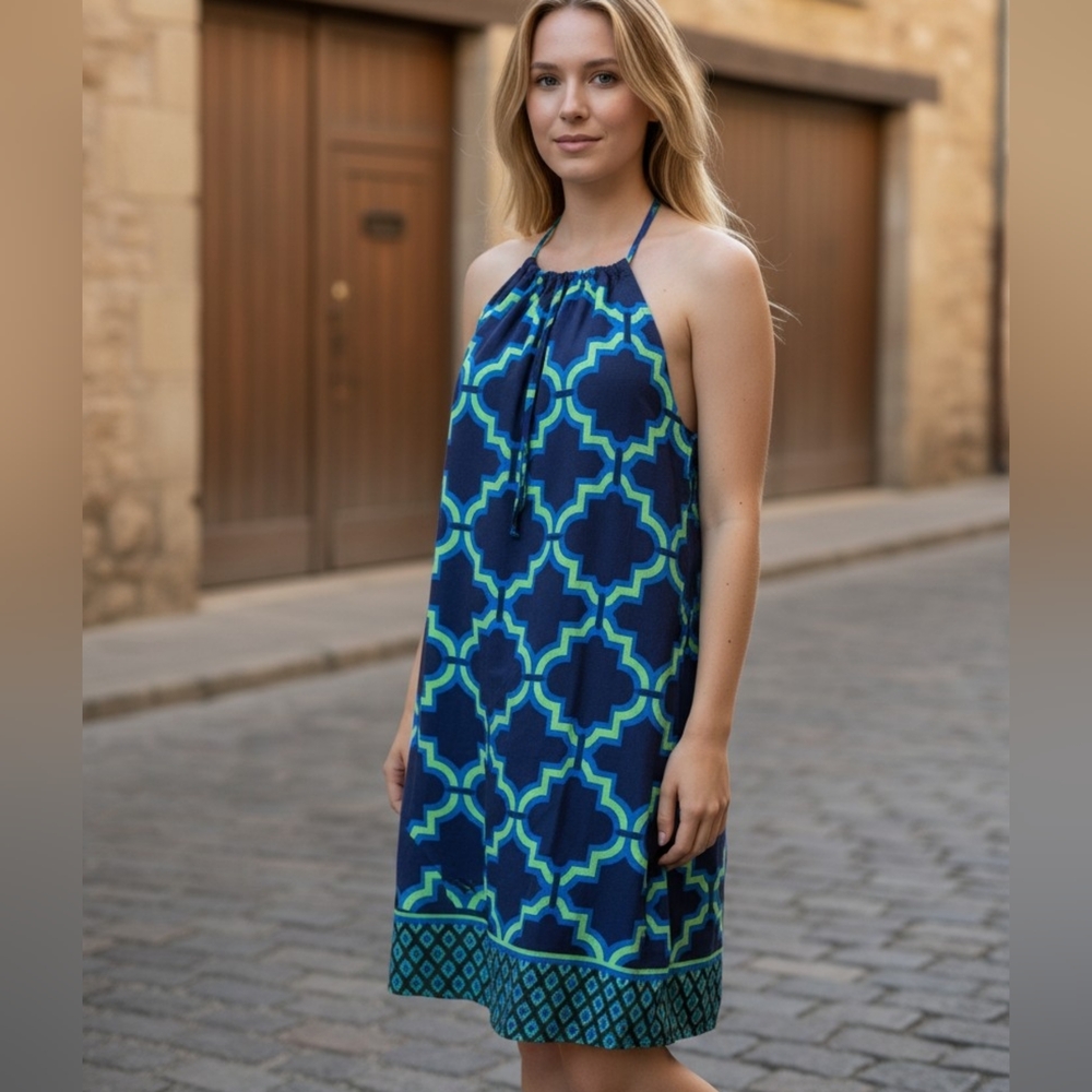 Crown & Ivy Navy and Green Geometric Dress Size Large
